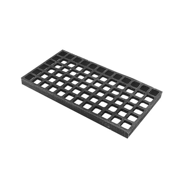 A black cast iron broiler grate with squares and holes.