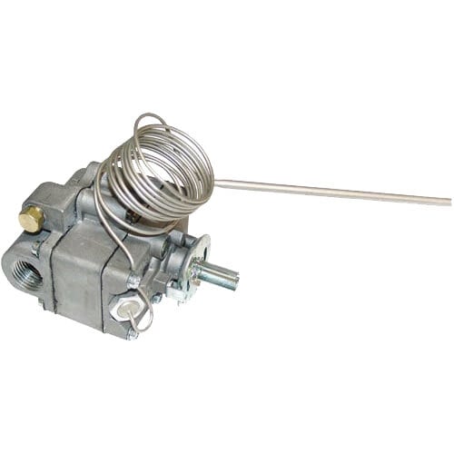 A metal thermostat with a wire attached and a metal coil.