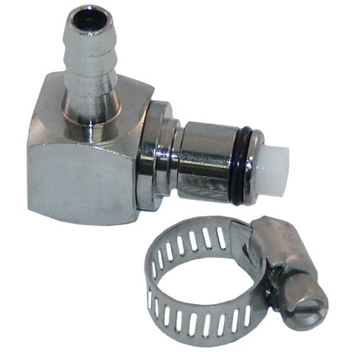 A metal piece with a hose clamp and metal clamp.