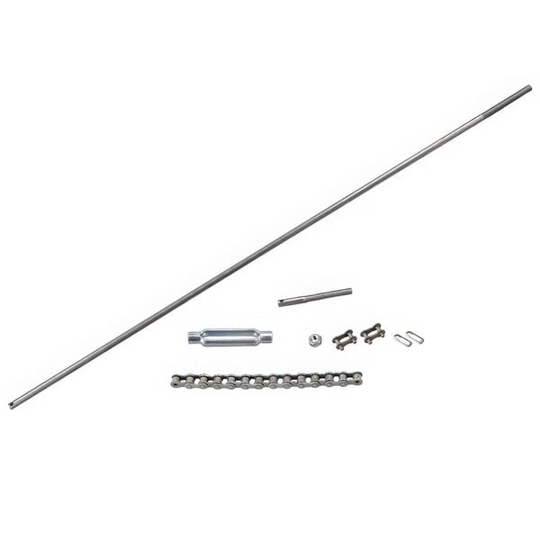 A metal rod with a chain, screw, and bolt.