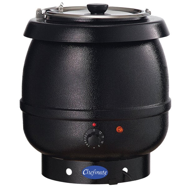 A black Globe Chefmate countertop soup warmer with a round lid.