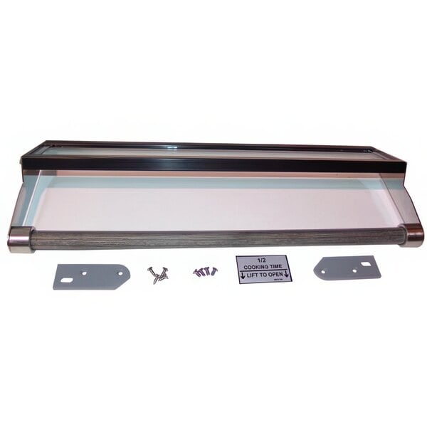 A metal frame with screws holding glass.