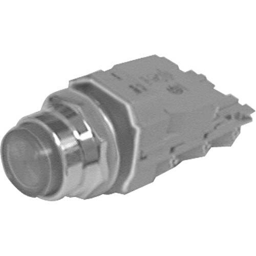 A close-up of a silver and white All Points momentary push button switch.