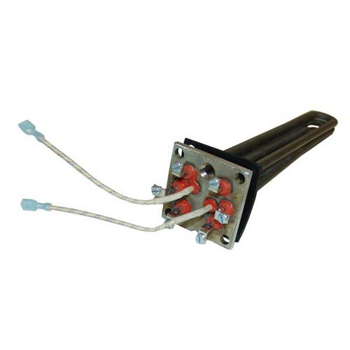 A close-up of a heating element with red and white wires.