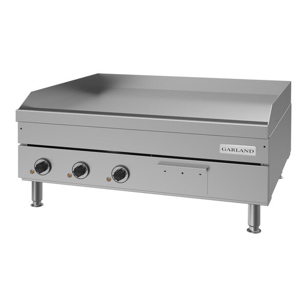 A stainless steel 36-inch heavy-duty electric countertop griddle with three control knobs and adjustable legs.