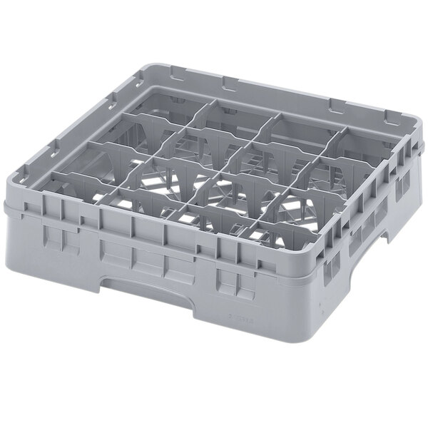 A soft gray plastic Cambro glass rack with 16 compartments.