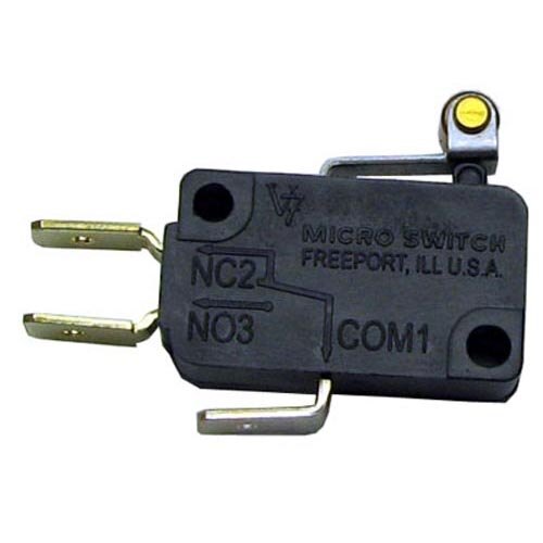 A close-up of a black All Points Mini Micro Roller Lever Switch with yellow buttons.