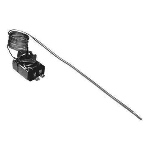 A close-up of a white All Points temperature controller with a coiled wire and small metal rod.