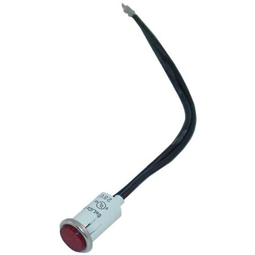 A close-up of a red lens with black and white wire leads.