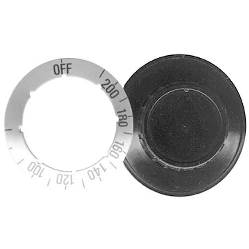 A black dishwasher knob with a silver and white dial with numbers on it.