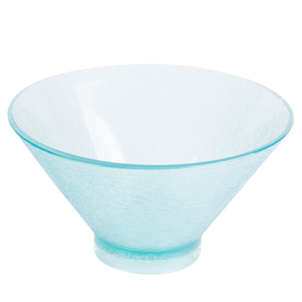 A clear polycarbonate serving bowl with a blue rim.