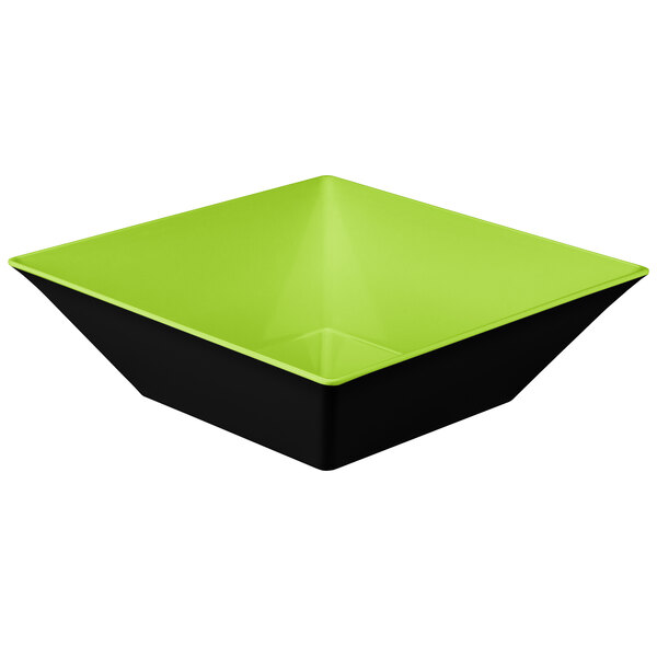 A black and green square melamine bowl with a lid.