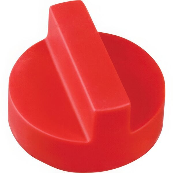 A close-up of a red plastic AllPoints broiler knob with a straight handle.