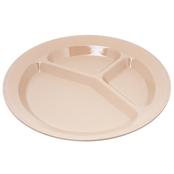 A tan Carlisle polycarbonate plate with three compartments.