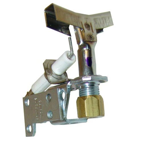 A close-up of an All Points pilot burner assembly with an electrode igniter, including a metal piece with a gold nut and a metal wire.