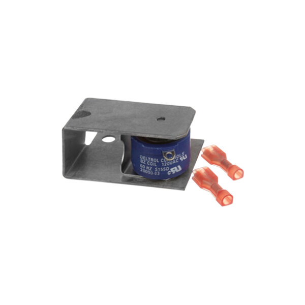 A white metal box with orange and blue wires connected to a red screw.