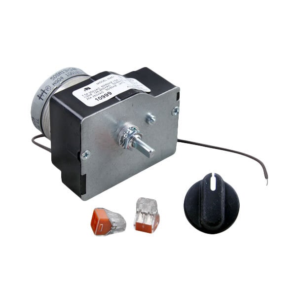 A small black and silver metal device with a black knob and a wire.