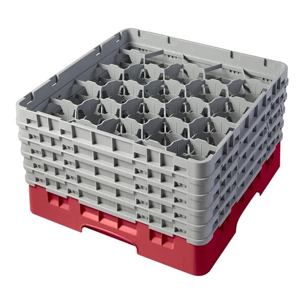 A red and gray plastic glass rack with 20 compartments and five stackable extenders.