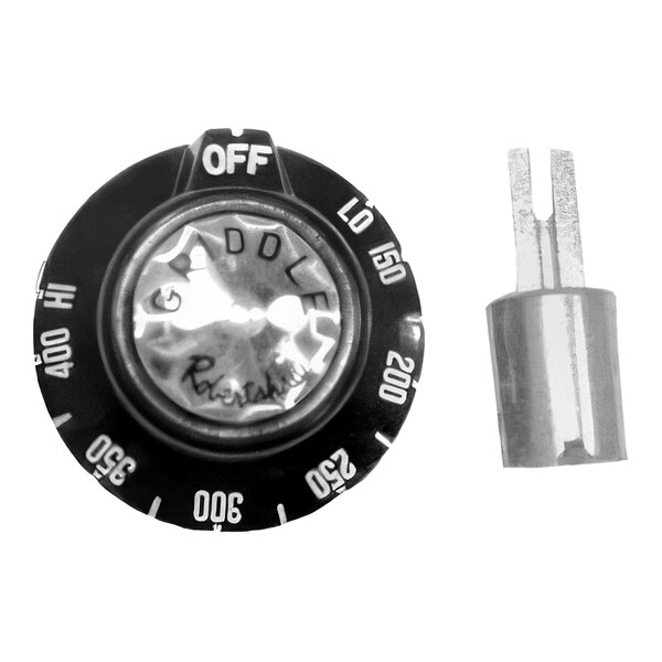 A black and white close-up of an AllPoints range thermostat dial with writing on it.