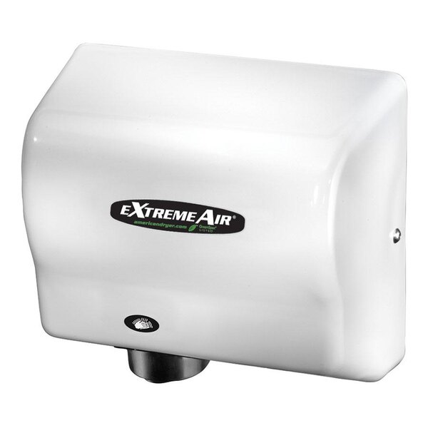 An American Dryer white hand dryer with black text that reads "ExtremeAir"