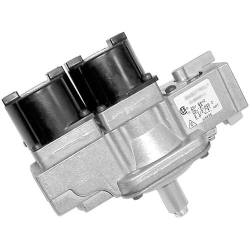 A silver metal gas valve with two black valves.
