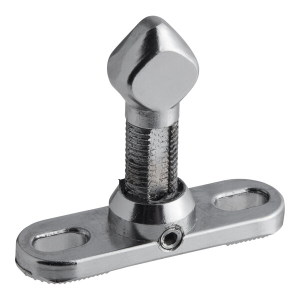 A stainless steel Kason door strike with a screw.