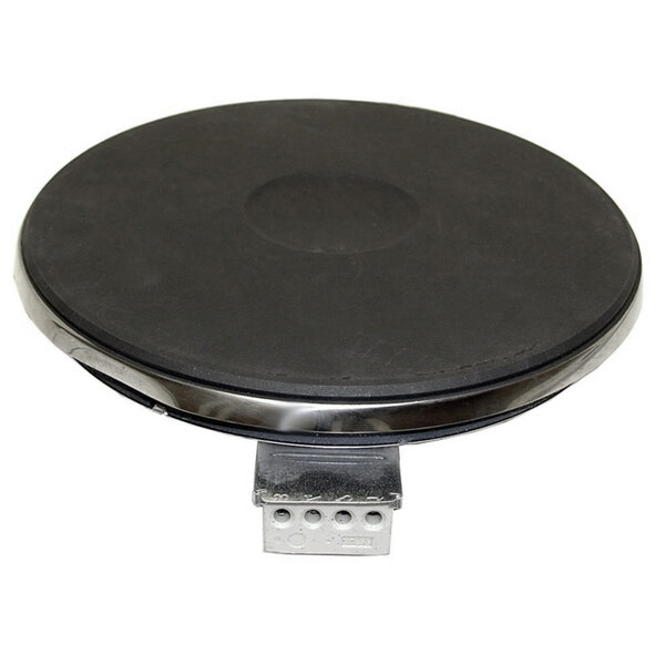 A black round surface heater with a metal base.
