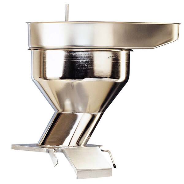 A silver metal Robot Coupe automatic feed head with agitator and feeding tray.