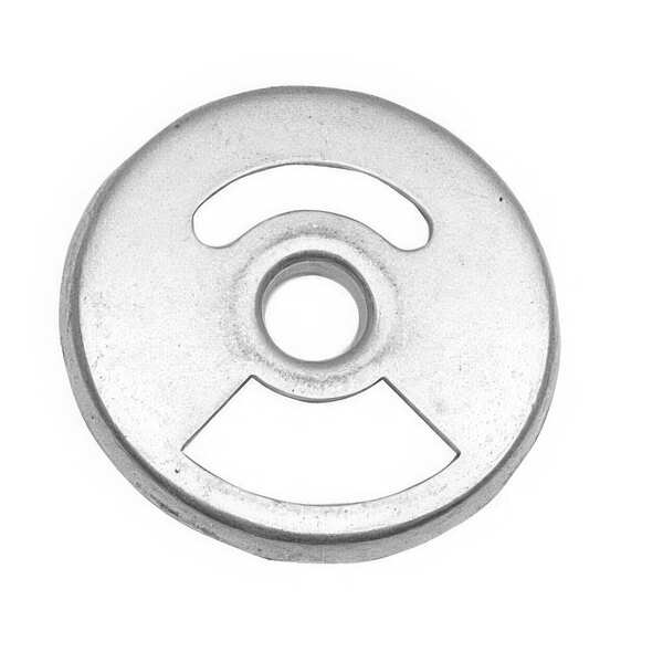 A silver round metal AllPoints air shutter with a hole in the middle.