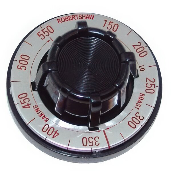 A black and white circular dial for an AllPoints oven thermostat with numbers and a black circle.