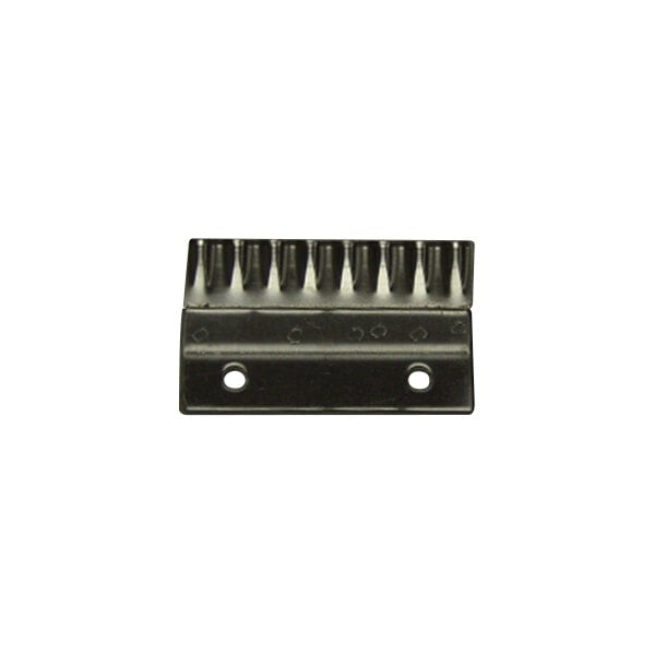 A metal shearing blade with a row of sharp teeth and two mounting holes.