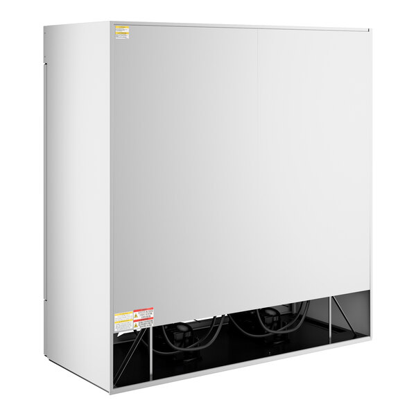 A large white refrigerated glass door merchandiser with LED lighting designed for commercial use.