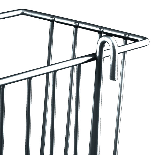 A chrome Metro storage basket with a handle.
