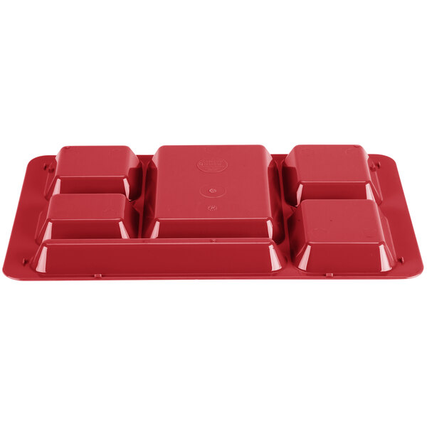 A red plastic tray with 6 rectangular compartments.