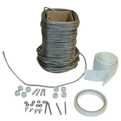 A coil of silver wire rope with metal nuts.