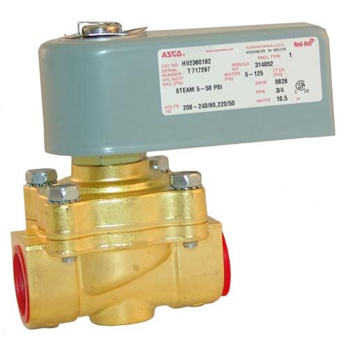 A close-up of a brass All Points water solenoid valve with a red button on it.