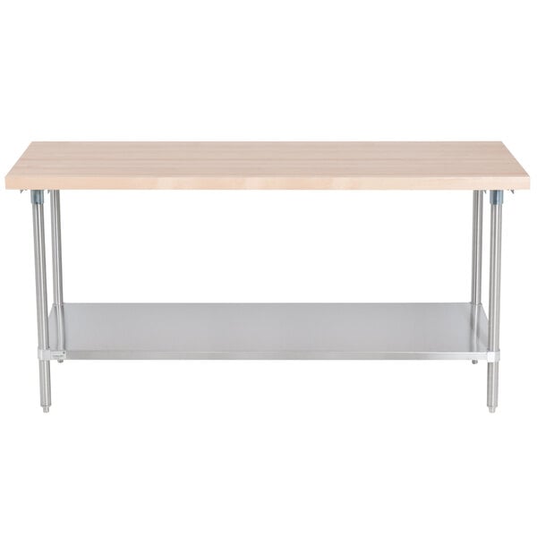 An Advance Tabco wood top work table with a stainless steel base and undershelf.