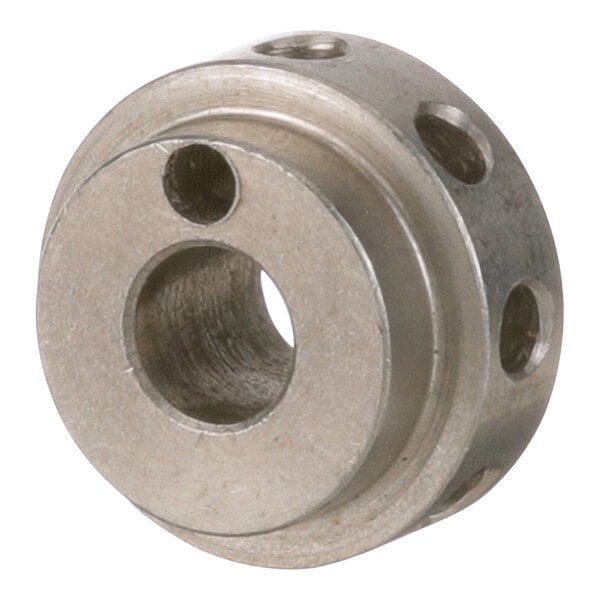 An aluminum round metal nut with holes.