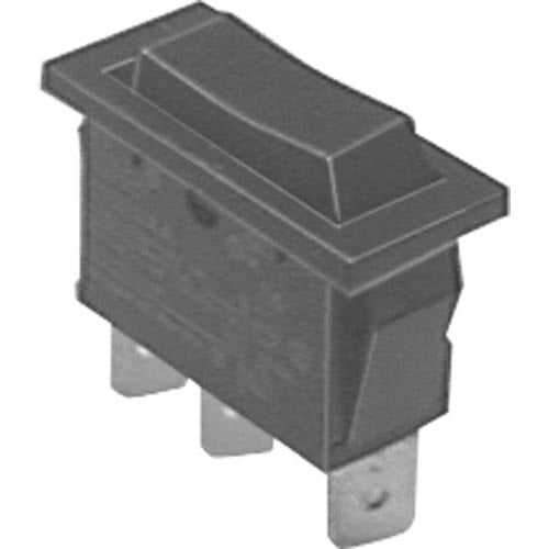 A close-up of a black All Points On/Off/On Rocker Switch with a white background.