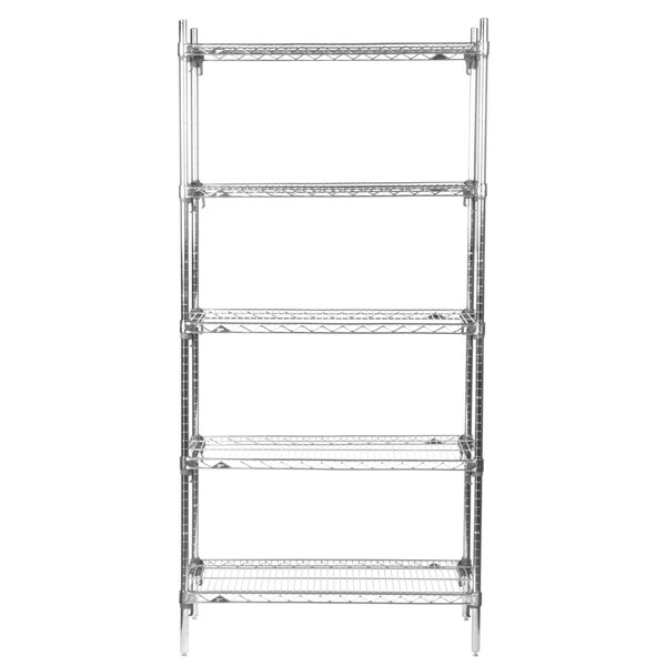 A Metro chrome wire shelving unit with four shelves.