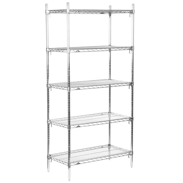 A Metro chrome wire shelving unit with four shelves.