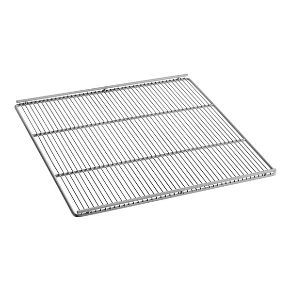 A gray metal grid shelf for a Beverage-Air refrigerated merchandiser.