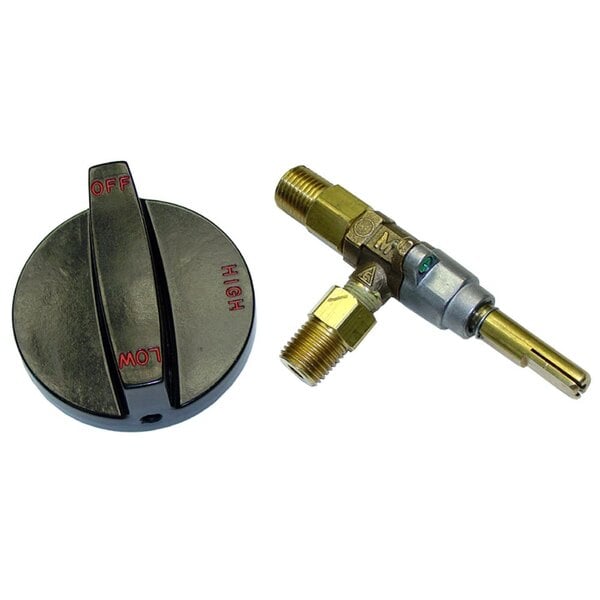 A close-up of a brass and silver All Points burner valve with a knob.