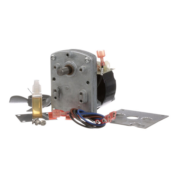 A metal gear motor with a mounting plate for a commercial toaster.