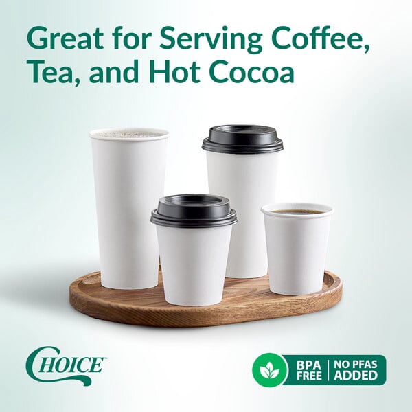 Multiple paper cups sitting on a wood tray with a green and white background and marketing text.