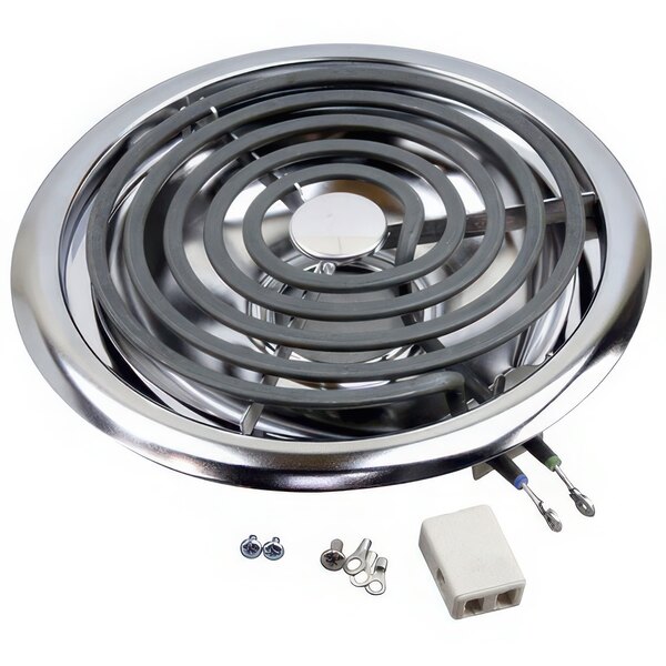 An AllPoints coil surface heater with a metal cover on a stove burner.