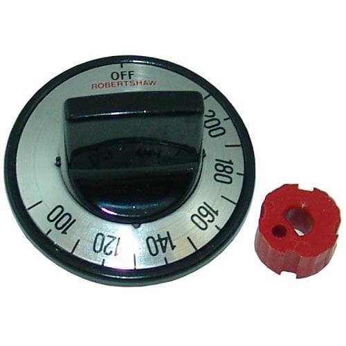 A black temperature dial with a red cap.