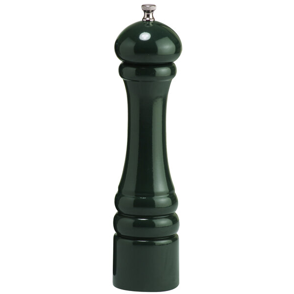A Chef Specialties forest green salt mill with a metal handle.