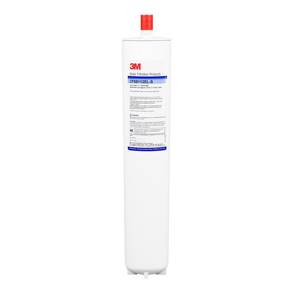 A white 3M water filter cartridge with a red label.