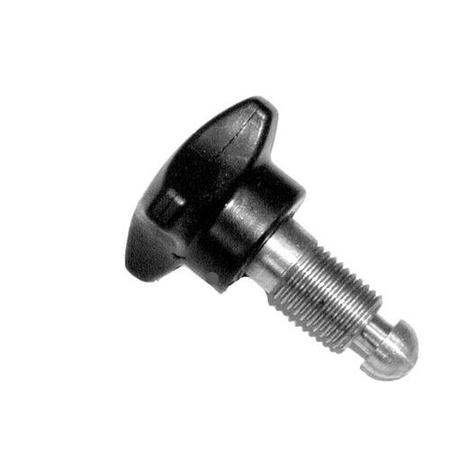 A black and silver screw with a white background.